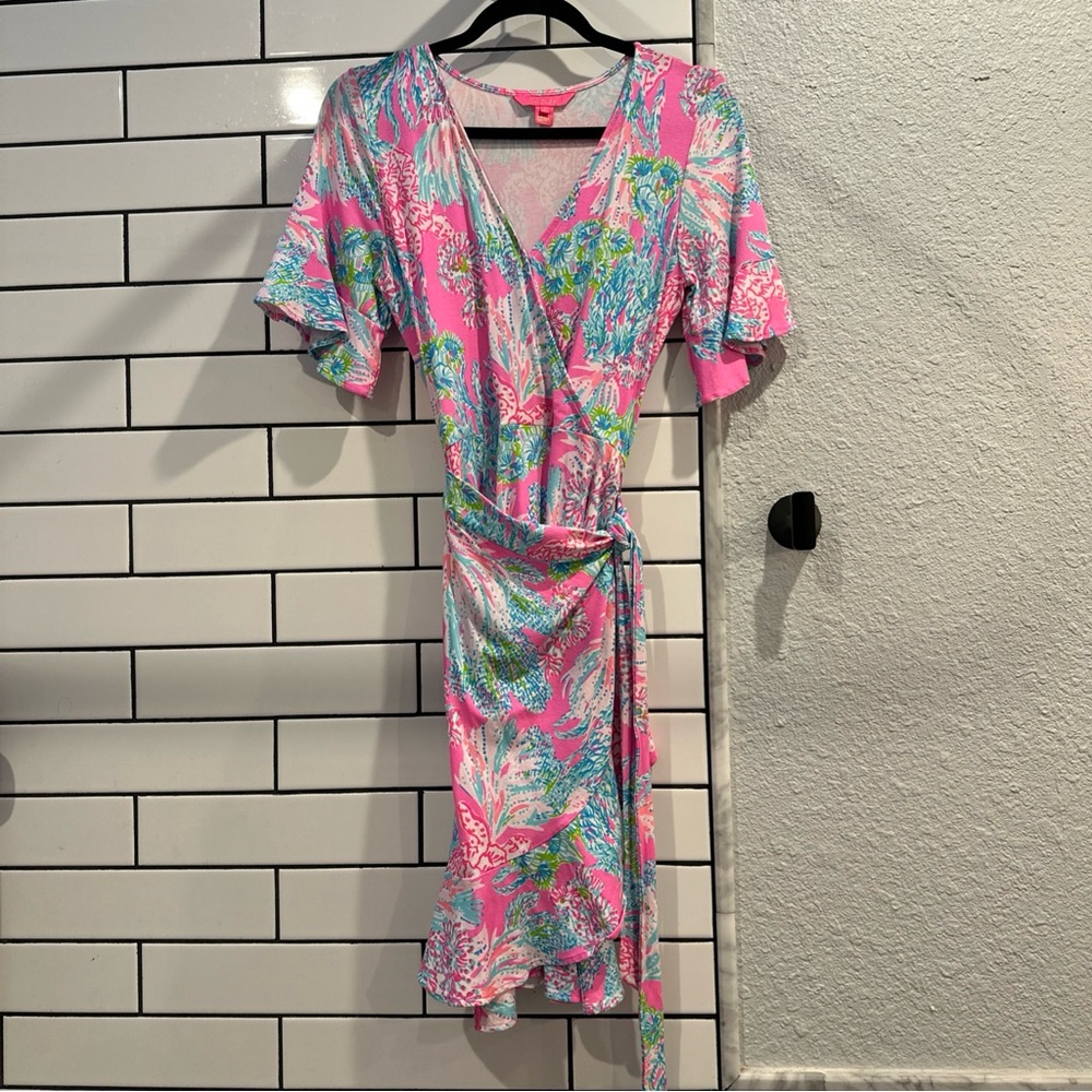 Lilly Pulitzer Isella Wrap Jersey Dress Prosecco Pink Seaing Things Size XS